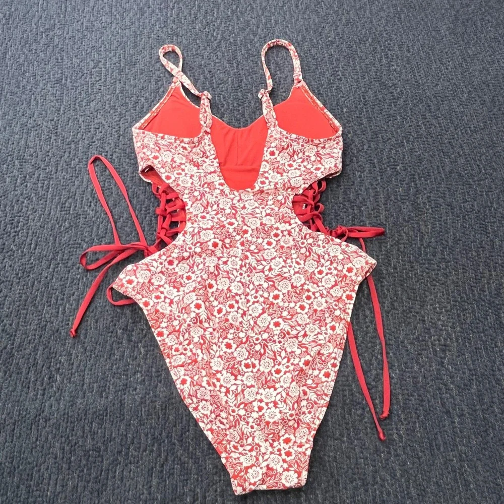 Robin Piccone Marron White Floral Lace Up Side One Piece Swimsuit 220315 Size 2